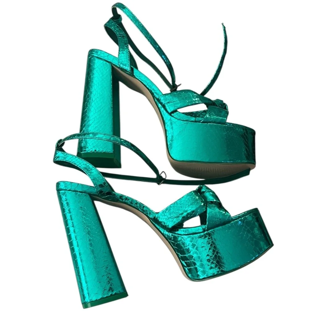 Public Desire x ASOS Leo Metallic Green Platform Heels Strappy Chunky Party Sz 9